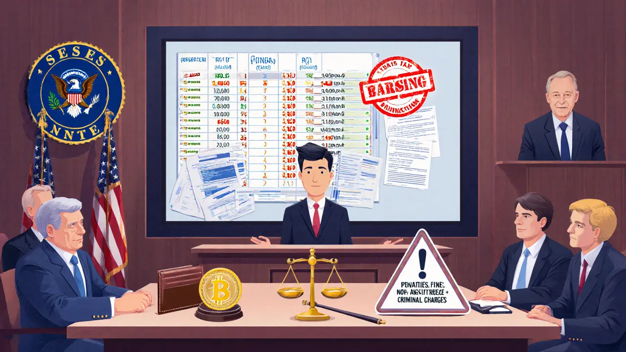 A courtroom scene with crypto investors facing regulators, a blockchain ledger, and penalties displayed on a screen.
