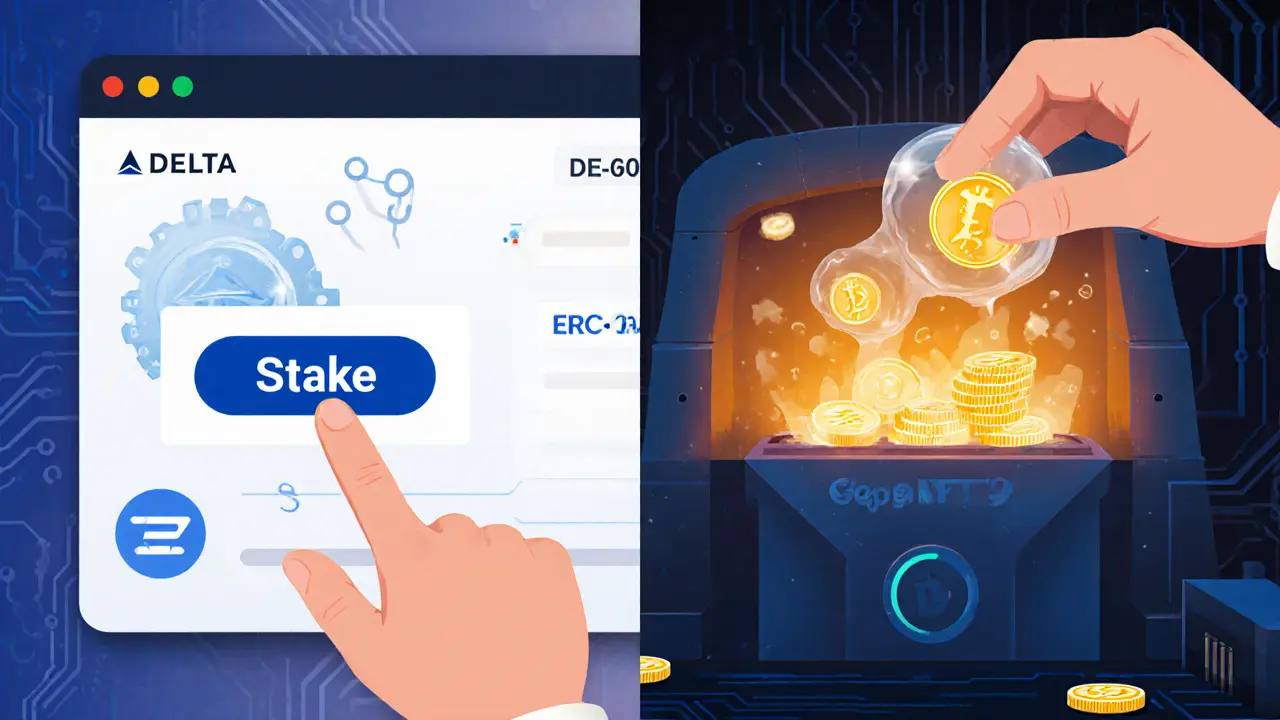 Avatar staking DEGO tokens and minting an NFT in a split‑screen interface.