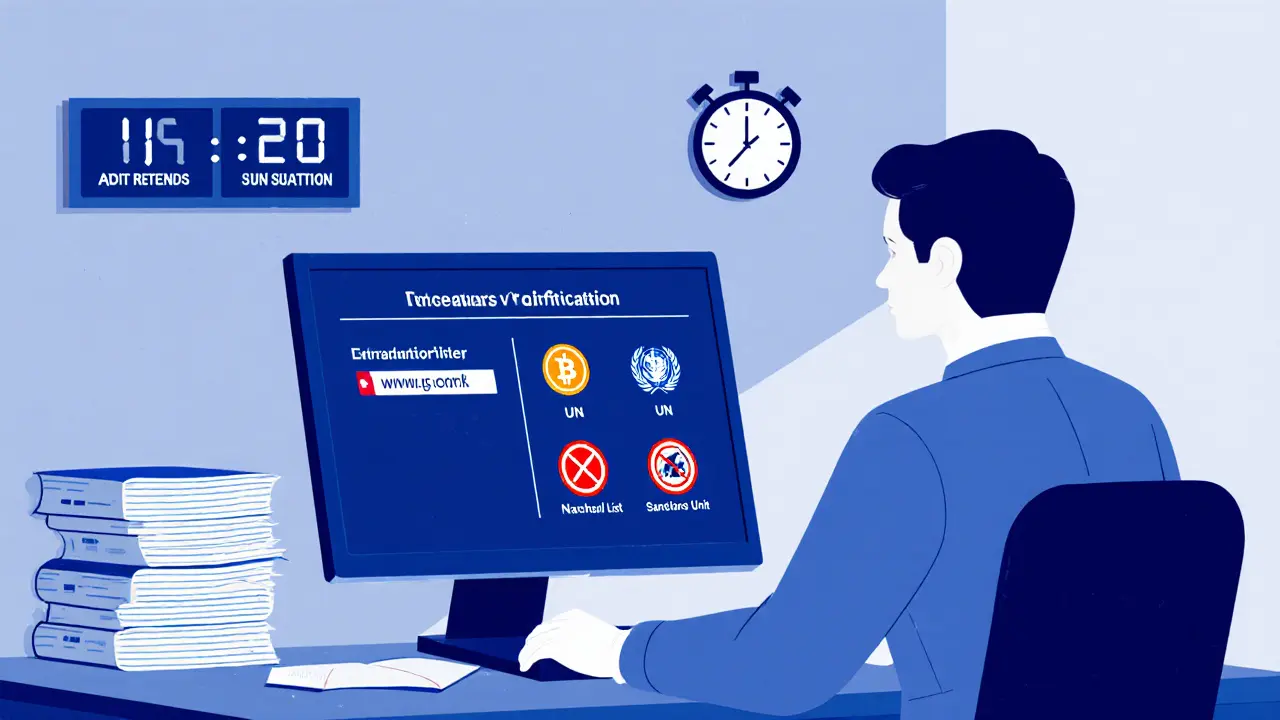 Bank officer reviewing a screen with real‑time crypto beneficiary verification and sanctions lists.