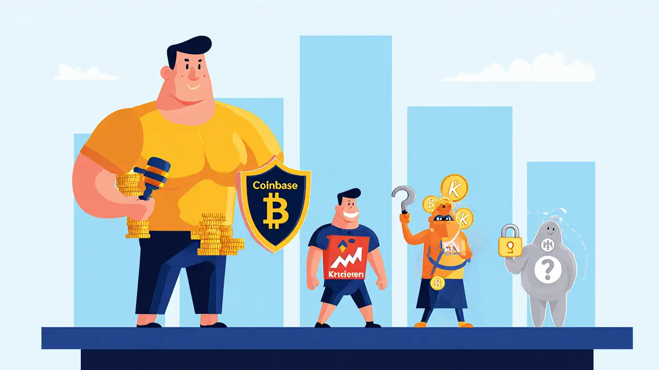 Cartoon comparison of exchanges showing fee, volume, and regulation icons, with BitParax as a tiny figure.