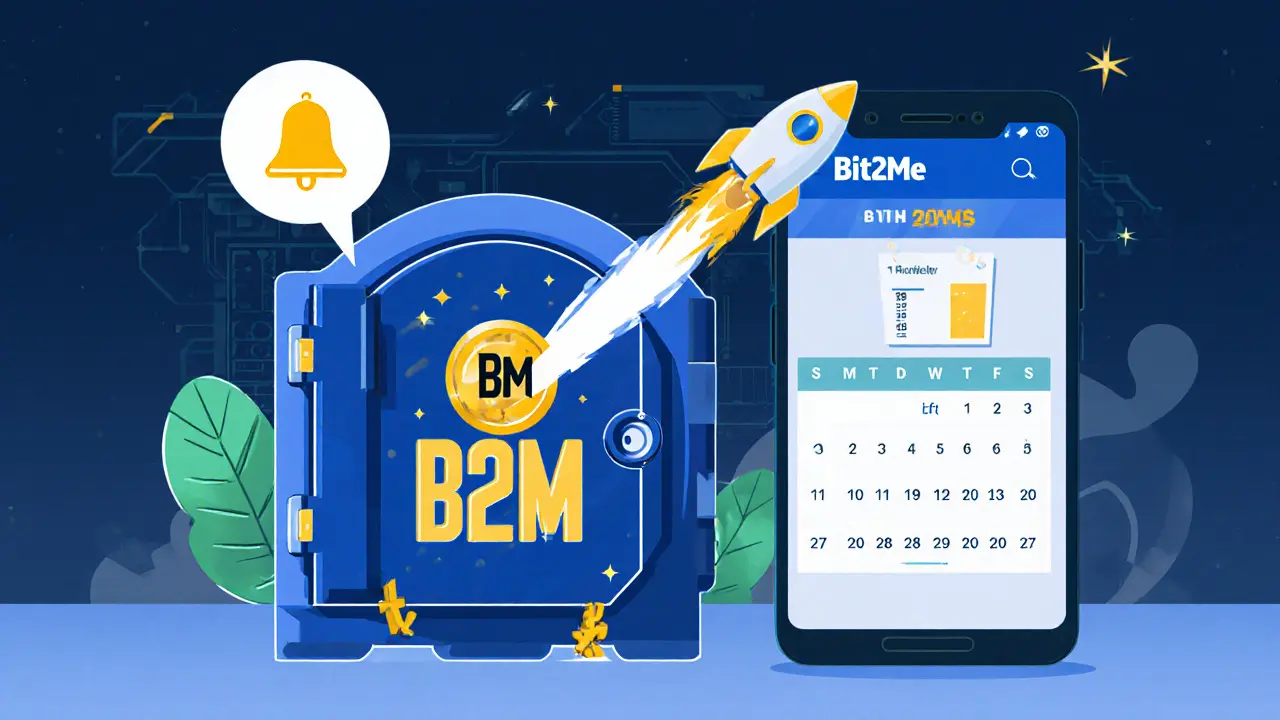 Cartoon illustration of a user setting up a wallet, staking B2M, and tracking airdrop reminders.