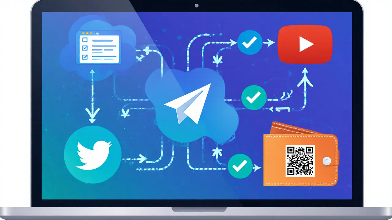 Cartoon technical diagram showing eight social‑media actions for a crypto airdrop without any text.