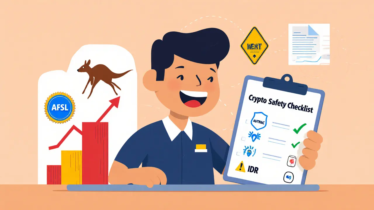 Cartoon trader at a desk checking a safety list with AFSL badge, AUSTRAC seal, risk warning, and IDR icons, plus a rising chart.