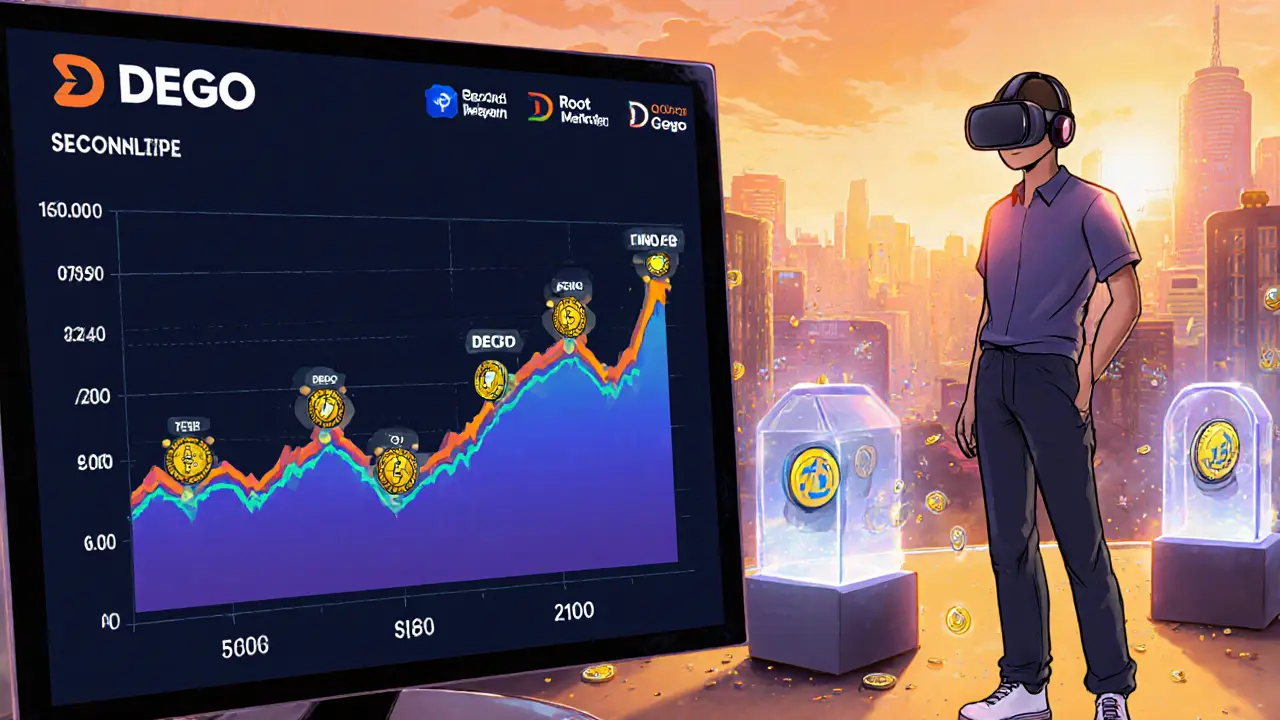 Chart of DEGO prices with a VR avatar in a virtual gallery displaying NFTs.