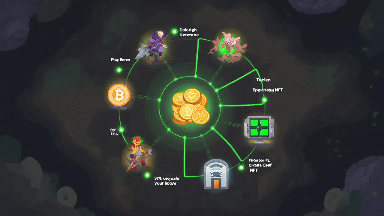 Circular economic diagram showing P2E game mechanics: token earnings, trading, upgrades, and developer royalties.