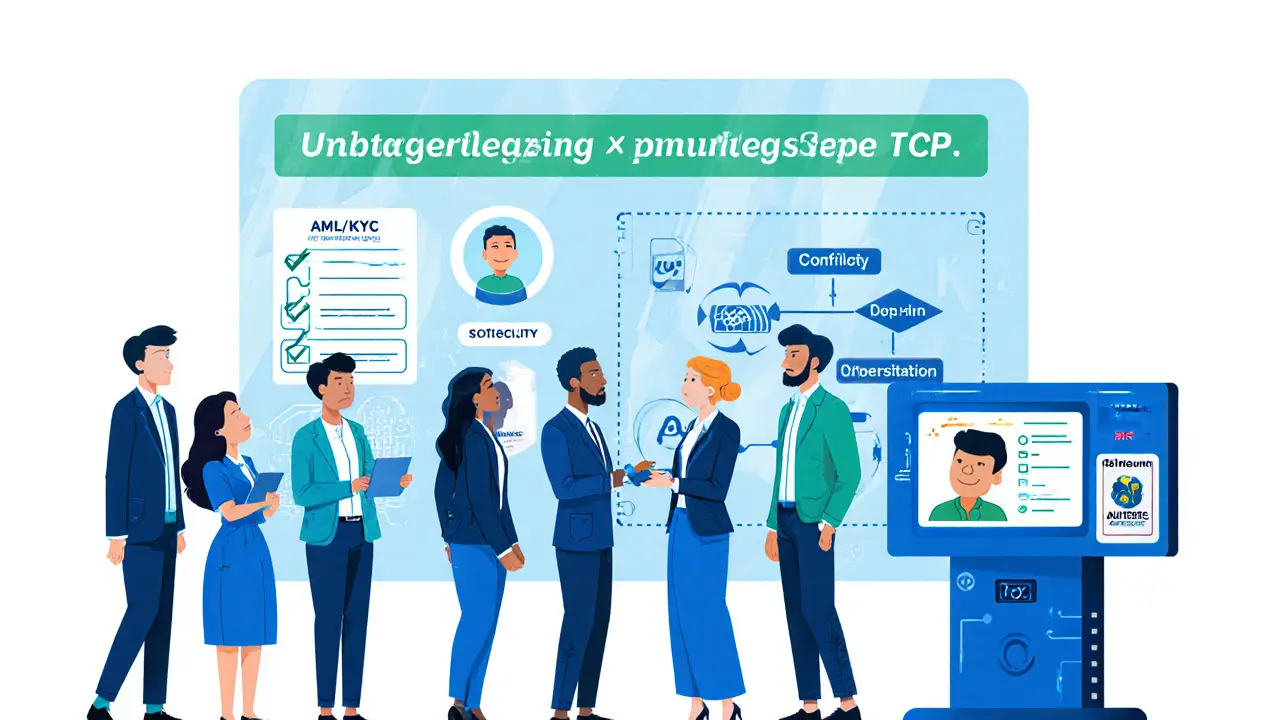 Compliance office showing team with risk board, KYC scanner, and AUSTRAC registration display.