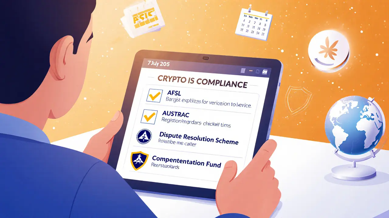 Consumer checking a platform's AFSL number, AUSTRAC badge, and compensation fund on a tablet.