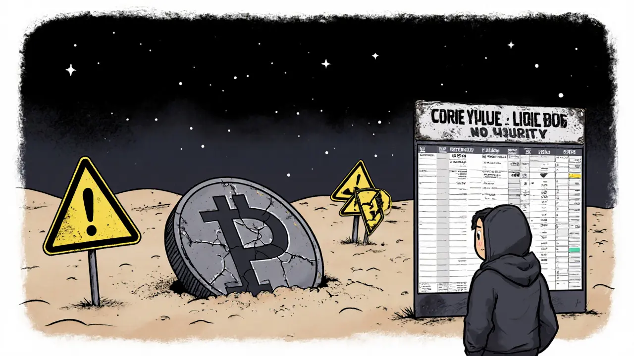 Cracked PACO coin buried in sand with warning signs and a trader looking at an empty order book.