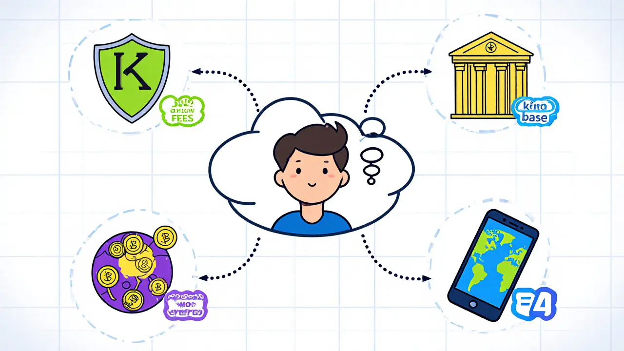 Decision flowchart with avatar choosing exchanges based on security, fees, variety, and mobile UI.