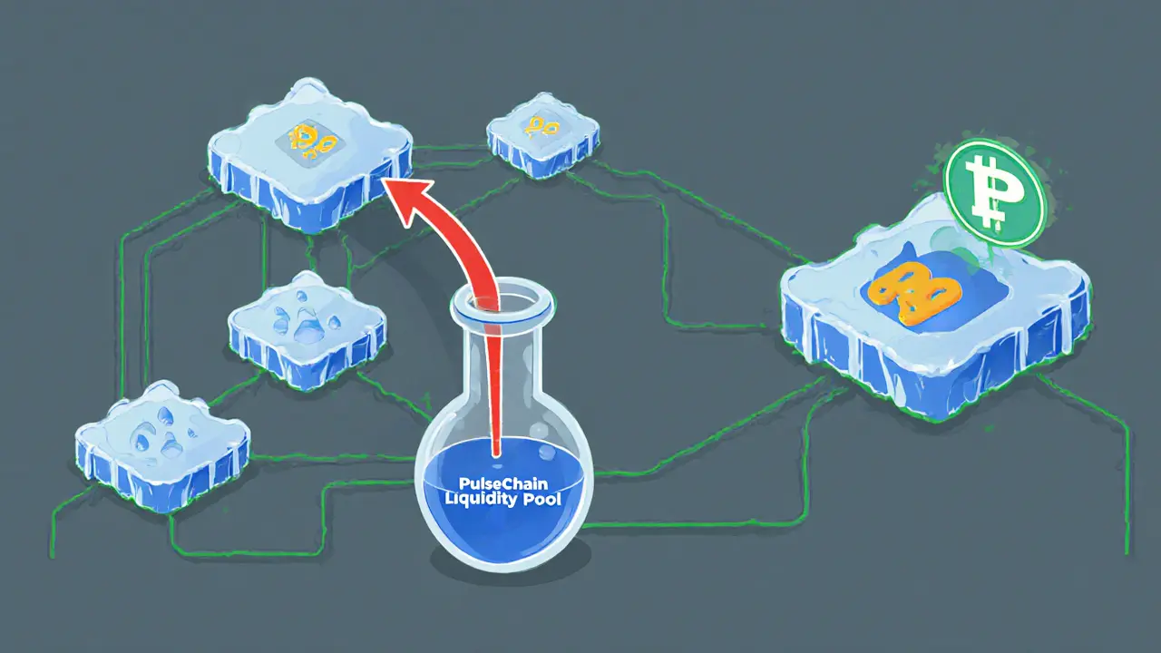 Diagram of PulseChain nodes with a tiny liquidity pool and a Solana branch showing duplicate PACO token.