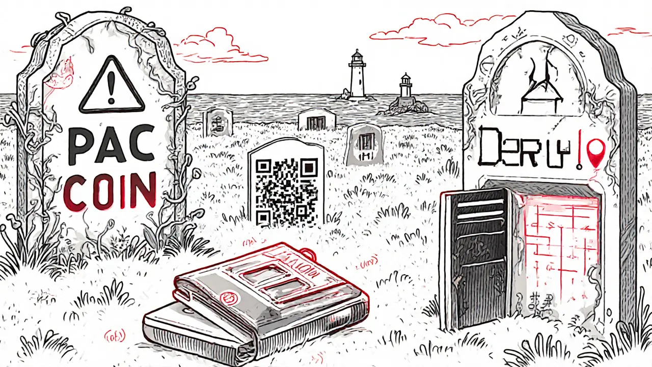 Digital graveyard of celebrity crypto tokens with fading QR code