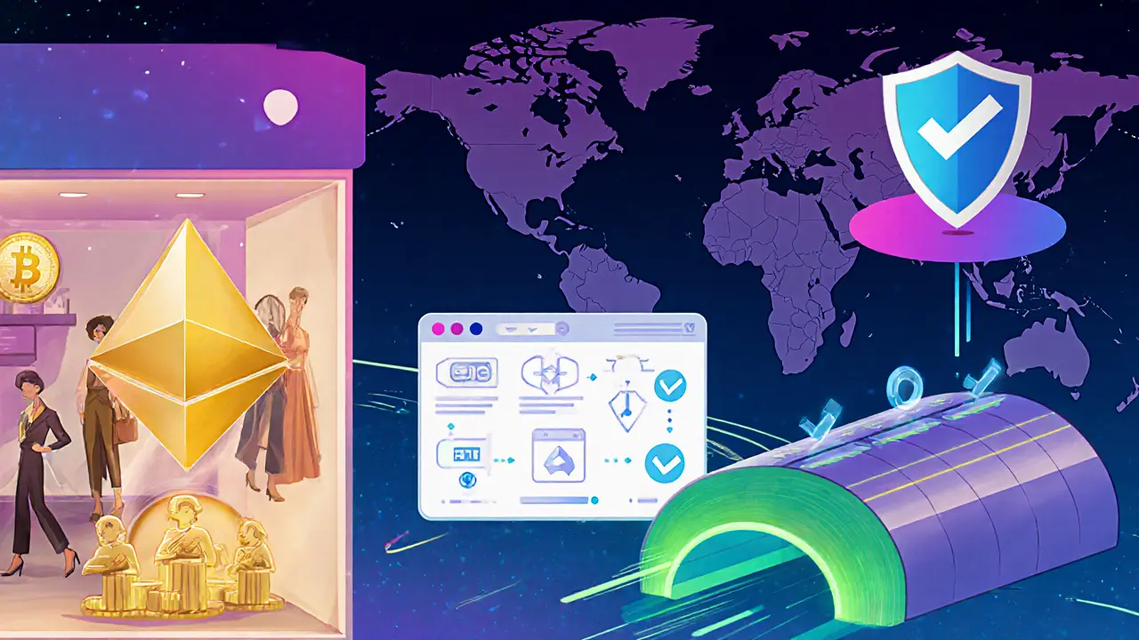 Future NFT use case showing fashion twins, enterprise dashboard, bridge tunnel, and regulatory shield.