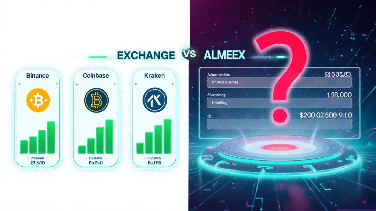 Futuristic panel compares data of major exchanges, showing empty fields for Almeedex.