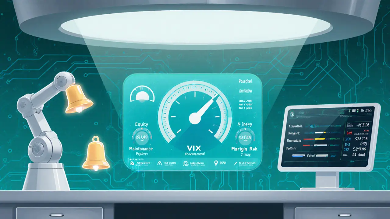Futuristic risk‑management dashboard with equity gauge, VIX dial, robot arm, and alert notifications.