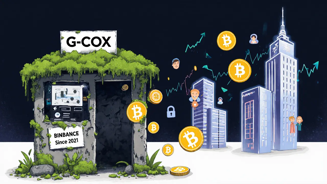 GCOX kiosk crumbling beside glowing modern crypto exchanges