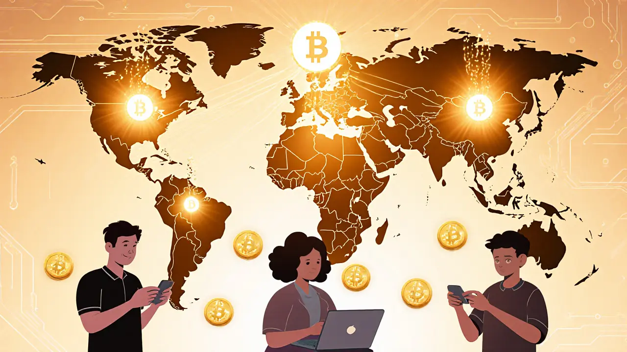 Global map highlighting P2E hotspots with digital currency flows connecting players across the Philippines, Nigeria, and Venezuela.