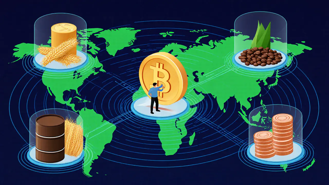 Global map with commodities turning into digital tokens, connected by blockchain nodes and held by a central figure.