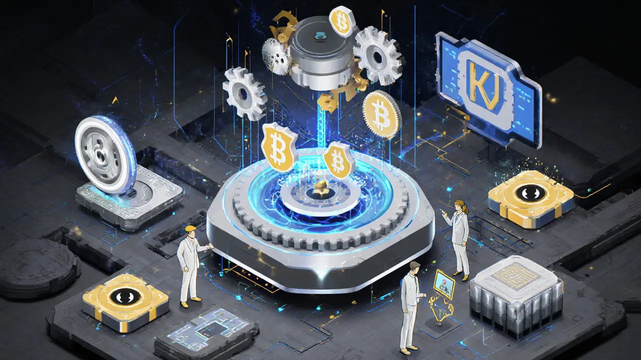 Hybrid consensus hub with PoW, PoS, ZKPs, and AI monitoring, diverse users interacting with tailored blockchain modules.