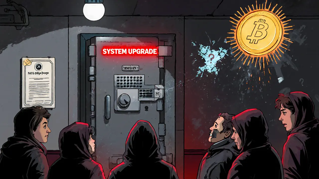 Illustration of a locked vault labeled "system upgrade" with frozen balances, broken support icons, and AQ token crashing to zero.