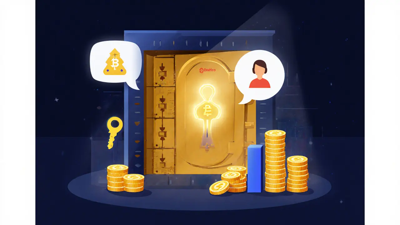 Illustration of Coinmetro's security vault, 2FA key, support chat, loyalty points, and volume comparison chart.