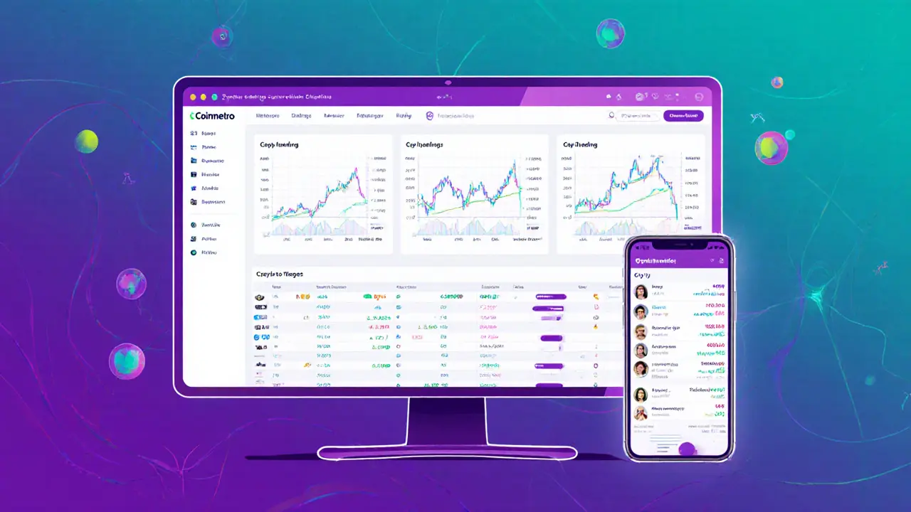 Illustration of Coinmetro's trading dashboard on desktop and mobile, showing spot, margin, futures, and copy‑trading icons.