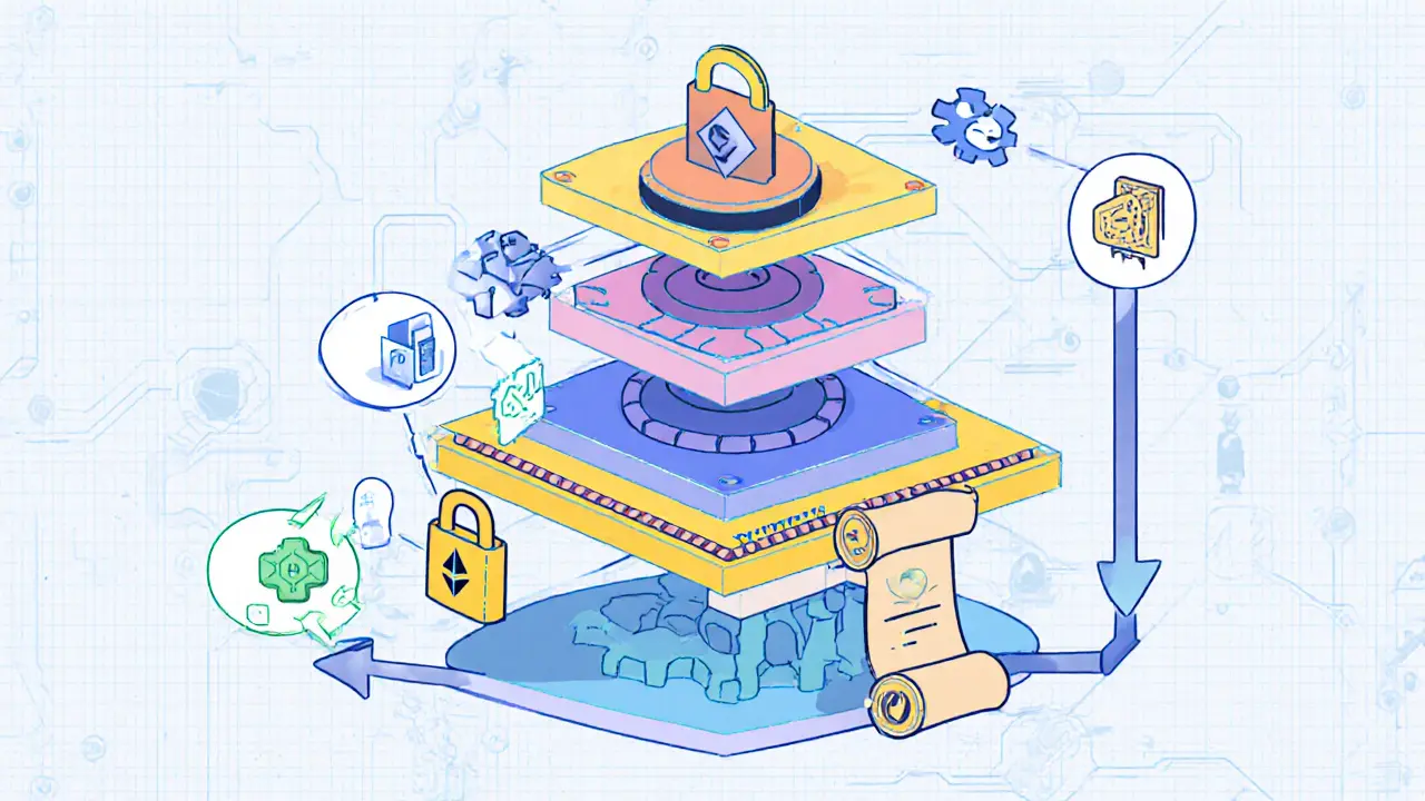 Layered diagram of cross‑chain smart contracts, APIs, storage, L2 rollups, and audit logs.