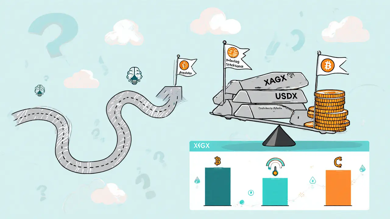 Roadmap with milestones, balance scale comparing XAGX to USDT/USDC, and risk icons.