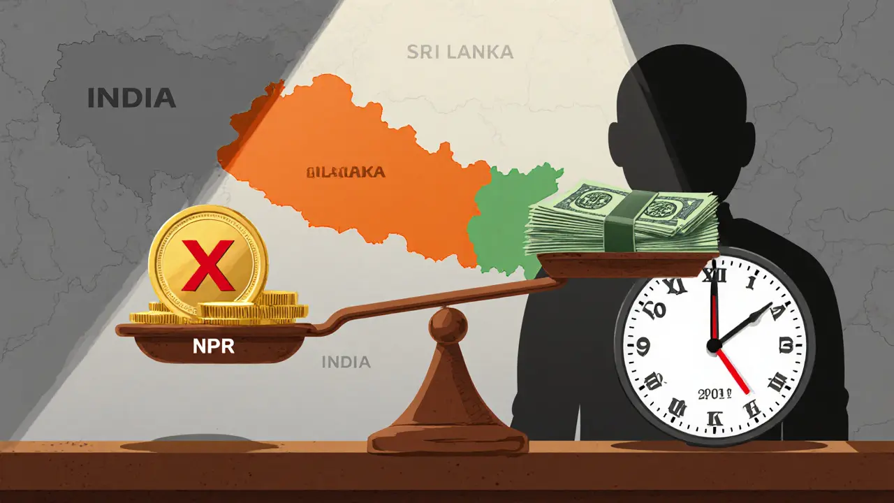 Scale balancing a crypto coin against NPR fines, South Asia map showing Nepal's ban, and a clock indicating ten years.