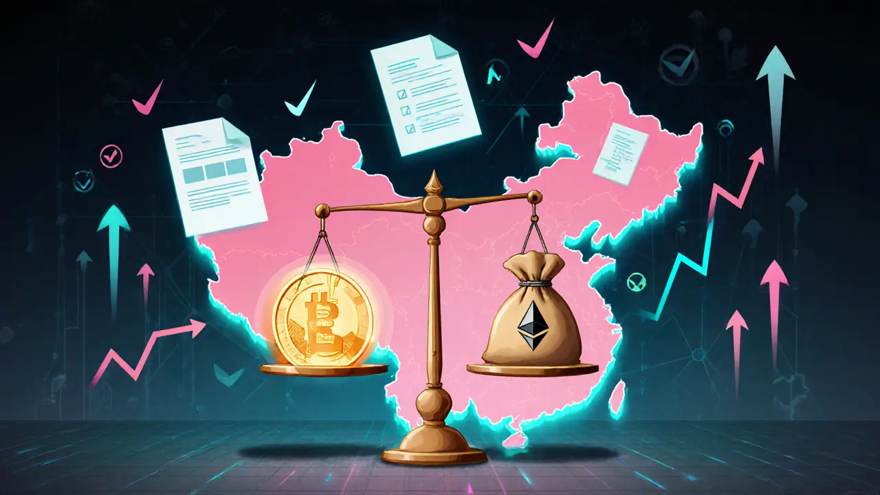 Scale balancing digital yuan coin against Bitcoin sack with policy arrows in background.