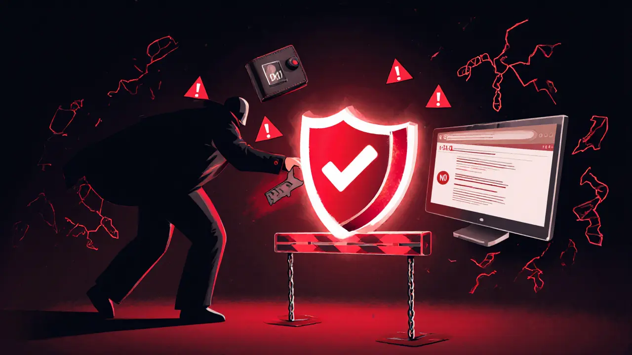 Scam warning scene with a shady figure targeting a wallet, highlighted by red alert symbols.