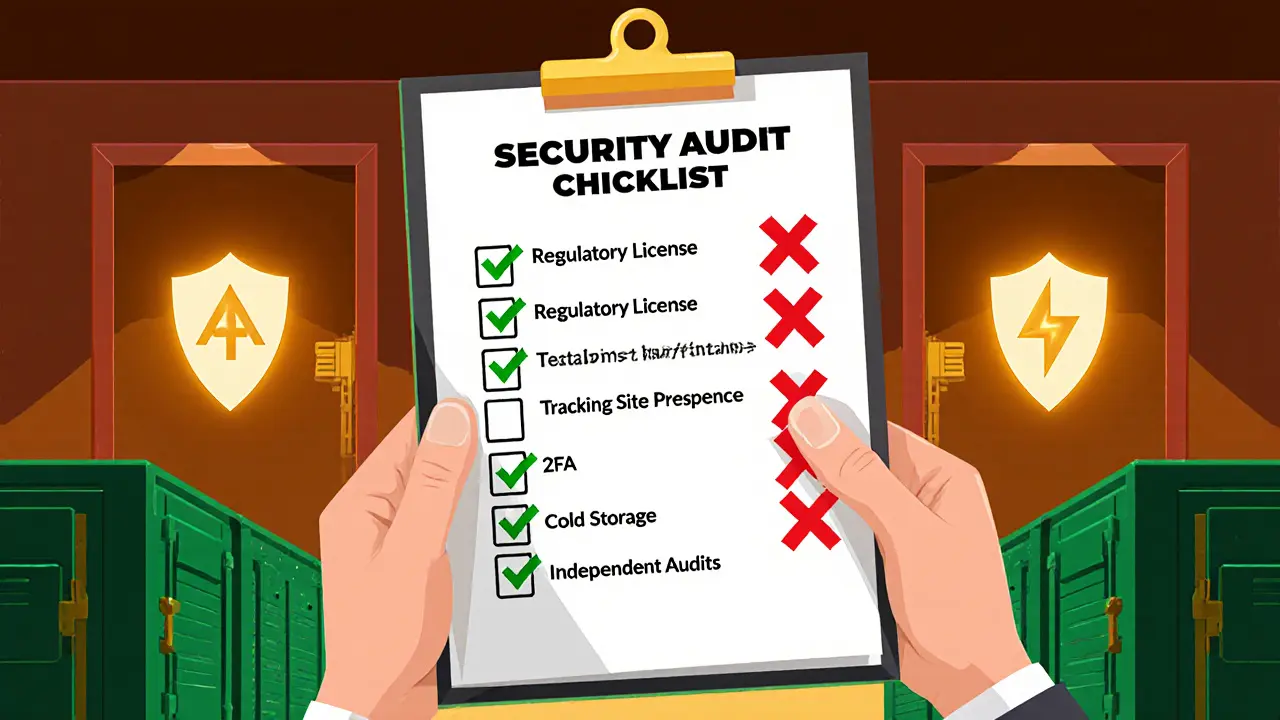Security checklist with green checks for legit exchanges and red X for Almeedex.