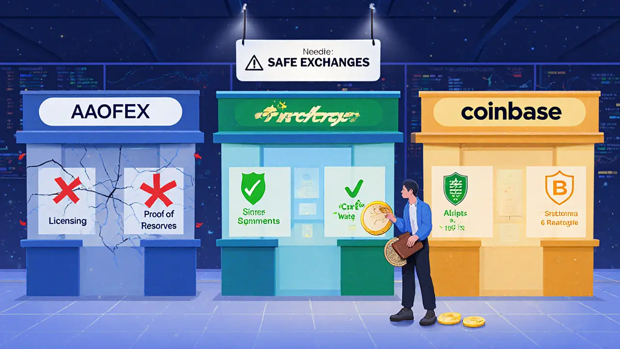 Side‑by‑side cartoon comparison of AOFEX (broken) versus Binance and Coinbase (secure) with a trader choosing a hardware wallet.
