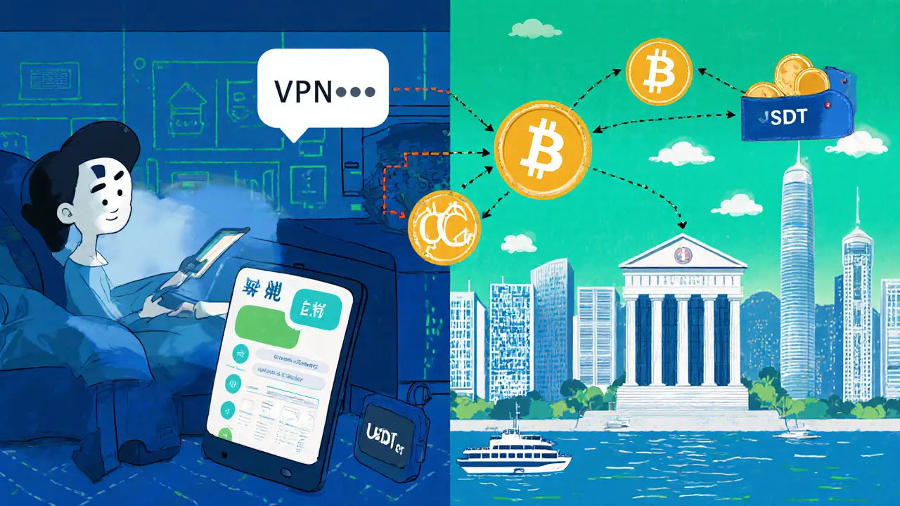 Split scene of Chinese home with WeChat/VPN and Hong Kong bank with OTC and stablecoins.