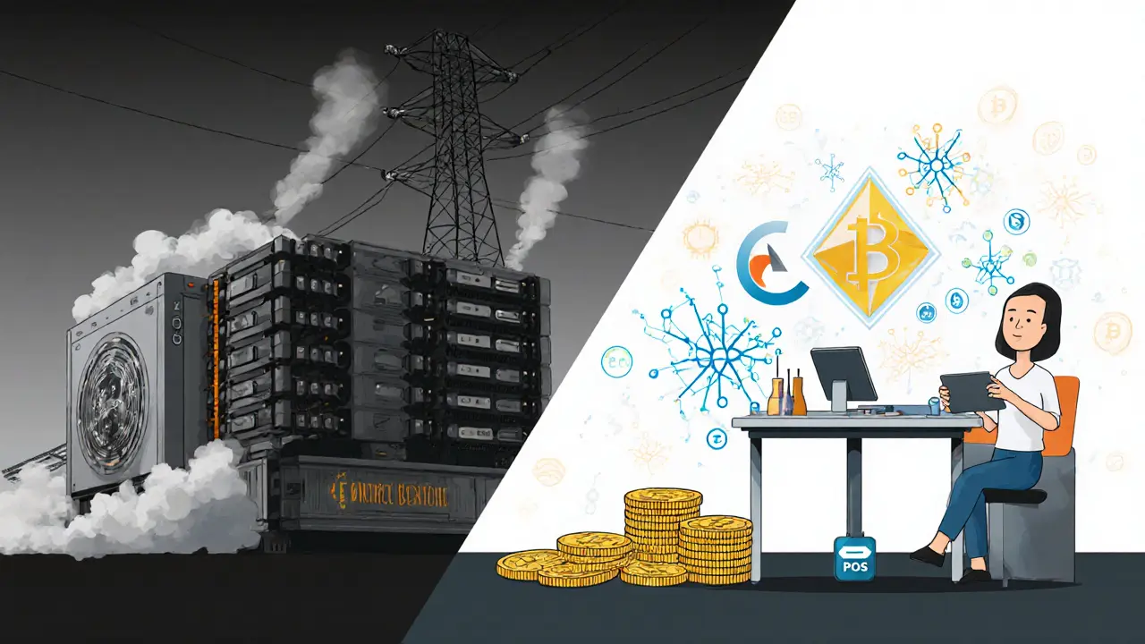 Split scene: old Bitcoin mining rig vs. modern PoS validator station with 99% energy savings gauge and AI networks.