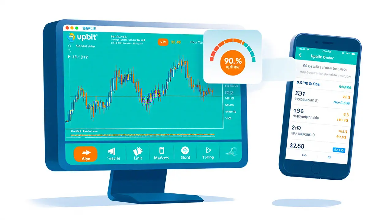 Split view of Upbit desktop trading chart and mobile app with lock‑screen widget in a cartoon style.