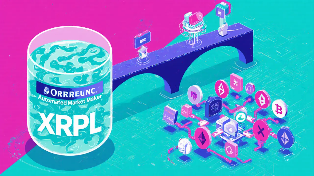 Technical view of XRPL AMM pool linked to Coreum Bridge and multiple blockchain icons.