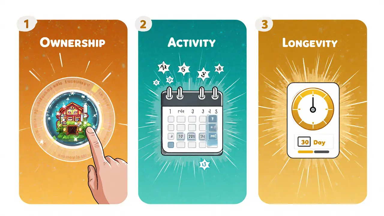Three‑panel comic showing NFT ownership, daily claim activity, and 30‑day longevity boost.