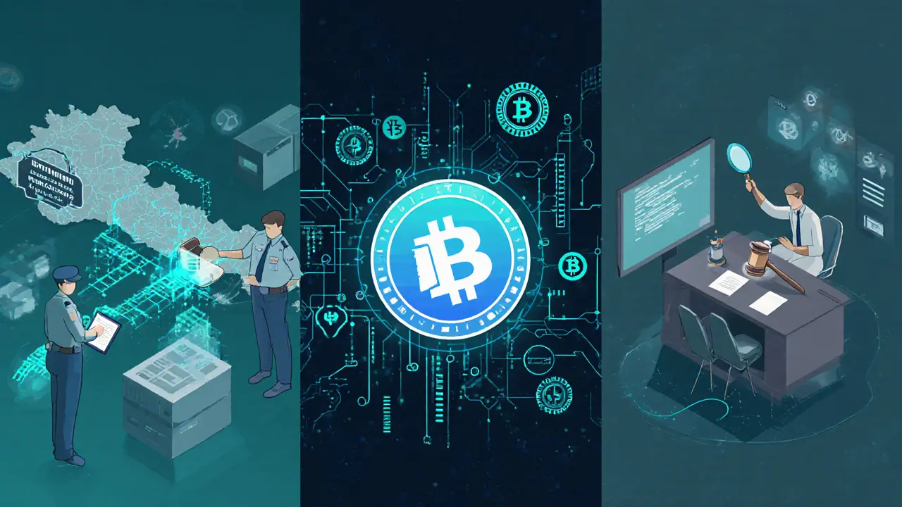 Three‑panel illustration of police tracing a wallet, forensic analysis of transactions, and courtroom gavel over a crypto coin.