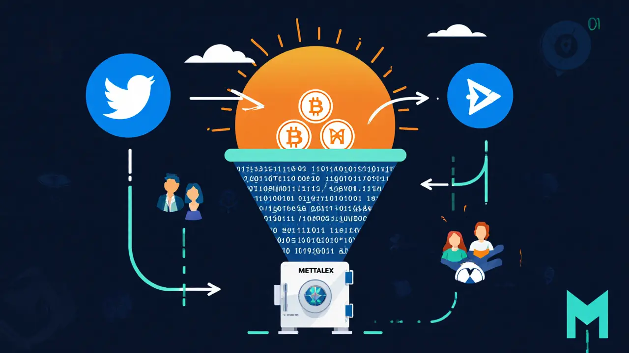 Three-stage funnel showing social media tasks leading to MTLX token vault, representing community-building phases.