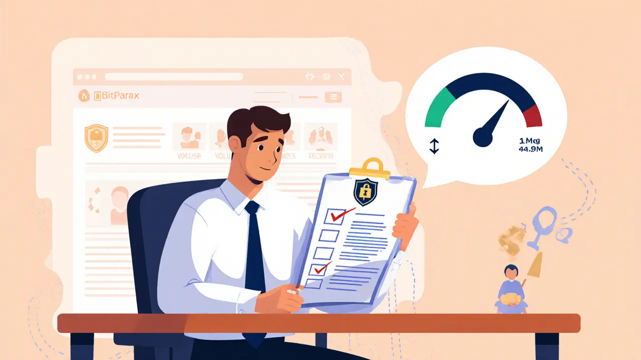 Trader reviewing a safety checklist featuring license, volume, and security icons in cartoon style.