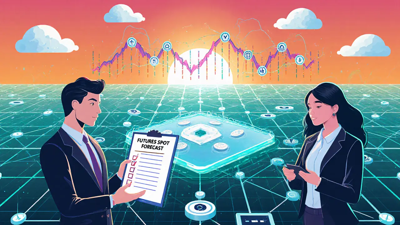 Trader reviewing holographic checklist while AI displays crypto futures data.