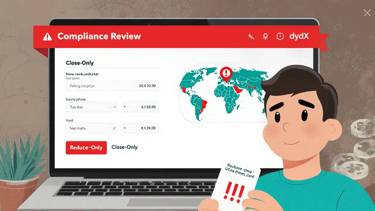 User sees dYdX close‑only screen with red compliance banner and seed phrase.