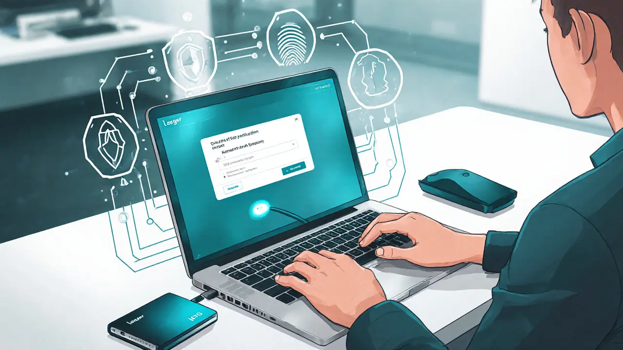 User using an EVM wallet and hardware device to complete anti‑bot verification and KYC steps.