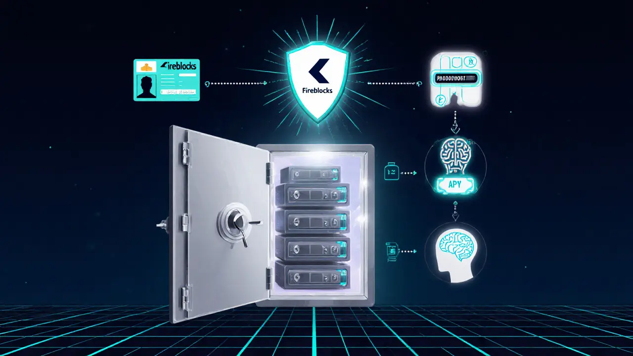 Vault with cold wallets, Fireblocks shield, KYC steps, and future QRIS and staking icons illustrated cartoonishly.