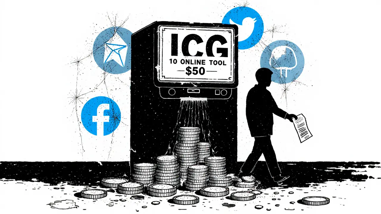 A broken token generator spitting out coins while social media icons decay behind it.