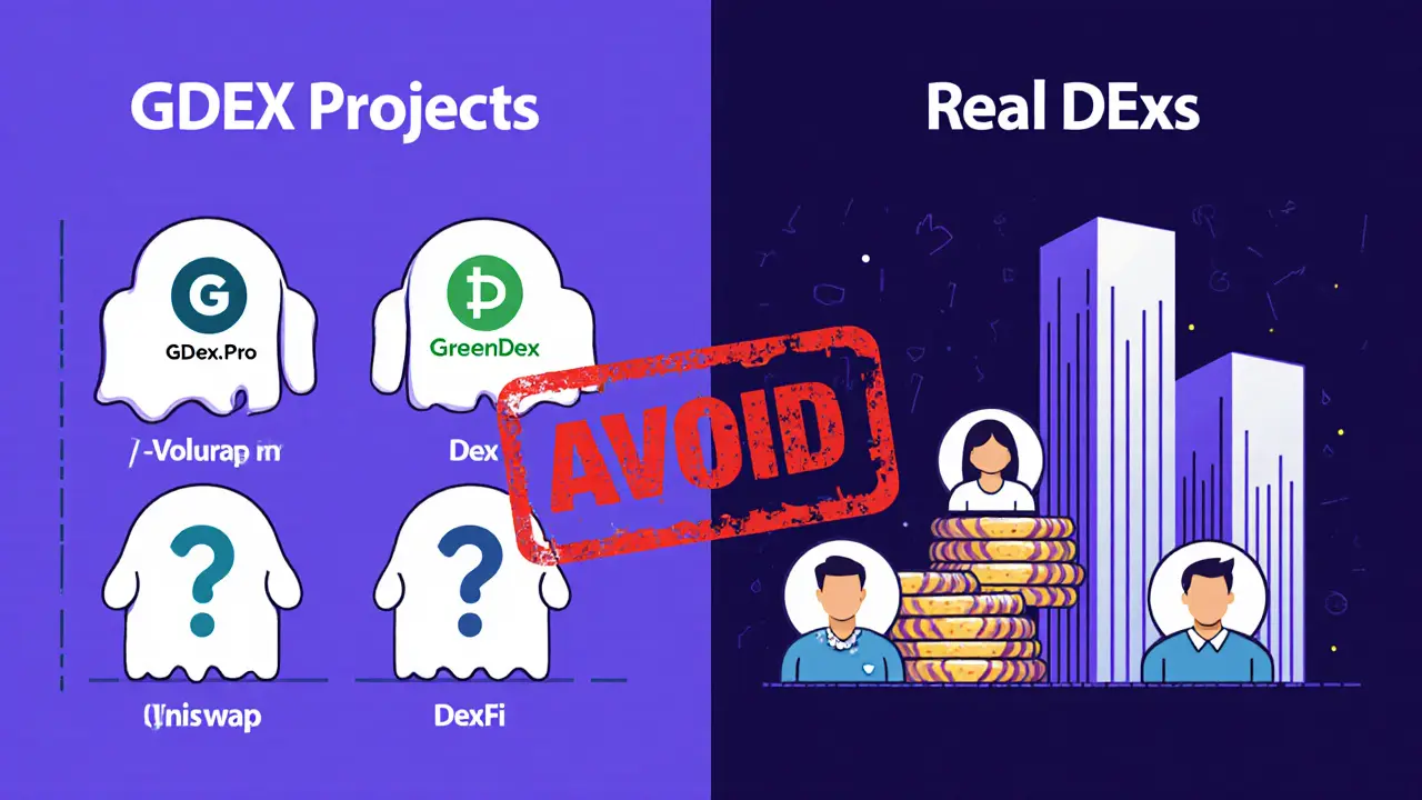 A comparison chart showing fading GDEX projects versus vibrant real DEXs like Uniswap, with zero-volume bars and a large 'AVOID' stamp over the GDEX side.