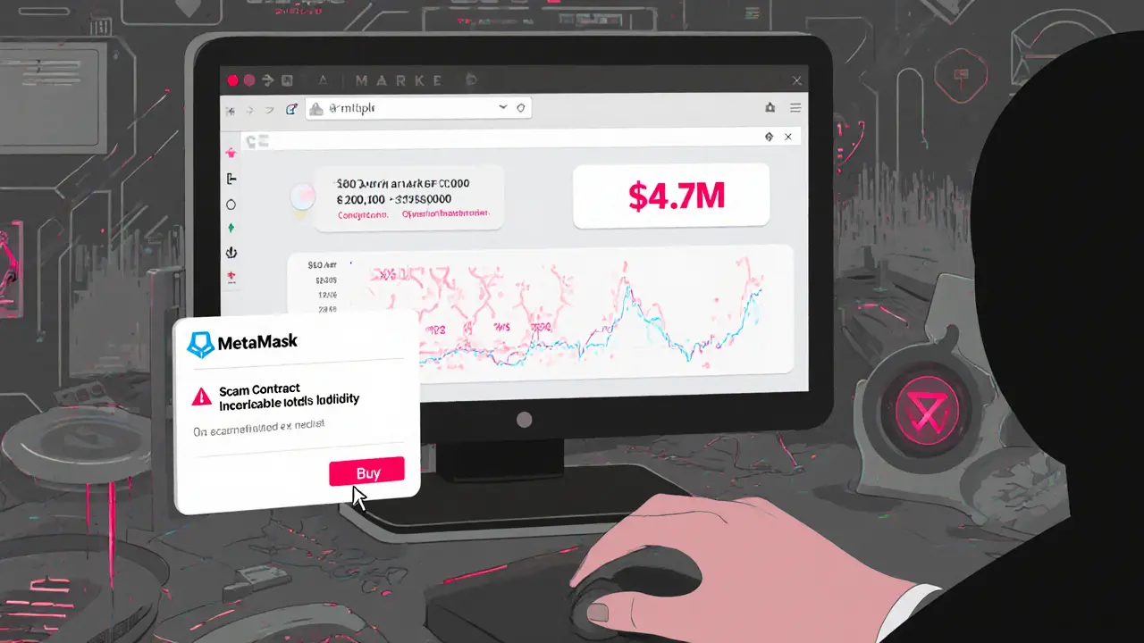 A computer screen showing fake market data with scam warnings and a hesitant user.
