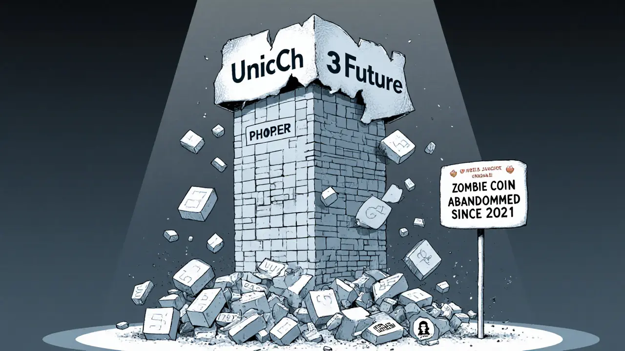 A crumbling UniChain tower with discarded documents and dead digital signs falling apart.