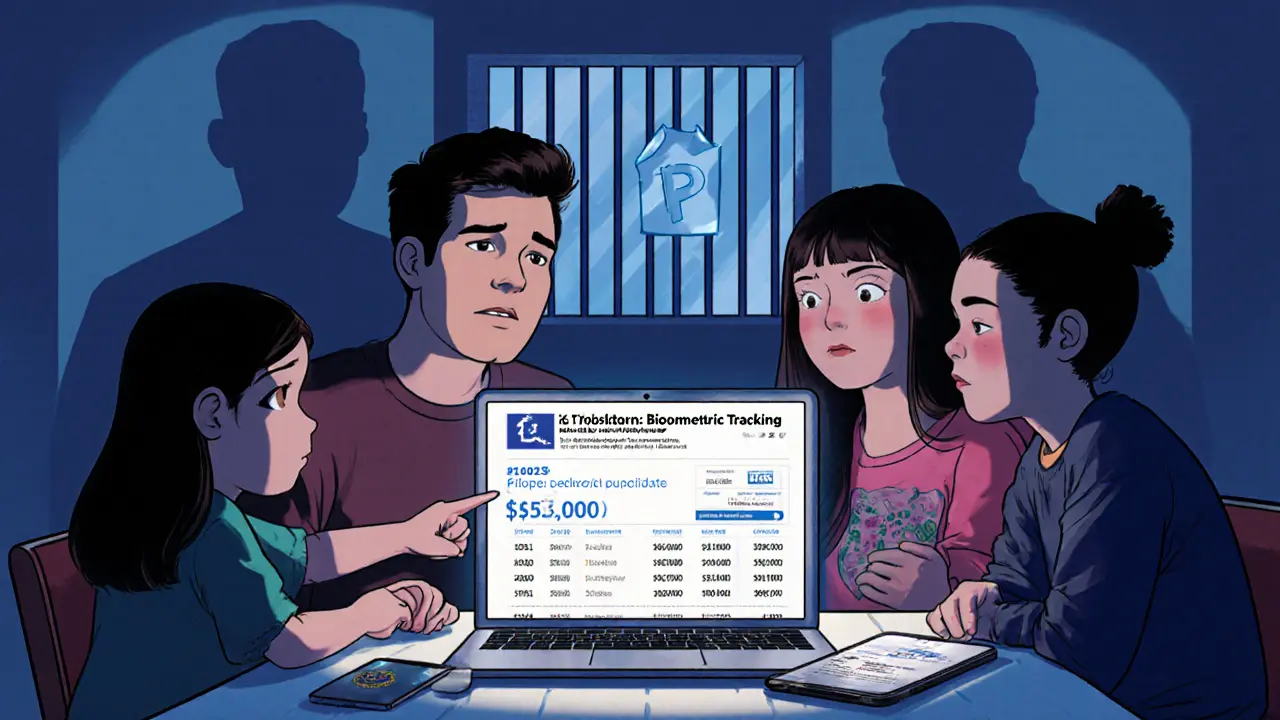 A family celebrates crypto profits, but prison bars and frozen bank icons cast ominous shadows on the wall.