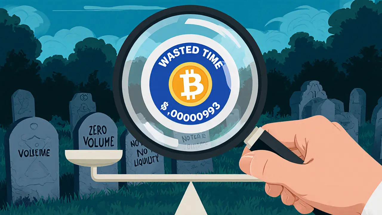 A magnifying glass over a nearly worthless ICG token with scales showing wasted time and no value.